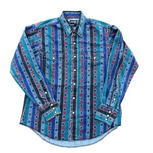 Rare Men’s Vintage 90s Wrangler Denim Aztec Brushpopper Shirt Teal Red Blue 16.5